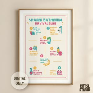 以下が含まれることがあります： 「Shared Bathroom Survival Guide」と題された、カラフルなイラストとテキストが描かれたフレーム入りのプリント。このガイドは、トイレットペーパーの交換に関するルールなど、共同バスルームのエチケットに関するユーモラスなアドバイスを提供しています。「Digital Only」の文字も表示されています。