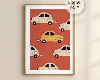 Vintage Beetle Car Doodle Print: Quirky Kids Room Decor (Digital Print)
