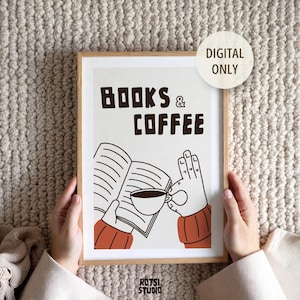 Books and Coffee Digital Print | Minimalist Wall Art for Readers and Cozy Home Decor