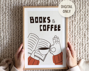 Books and Coffee Digital Print | Minimalist Wall Art for Readers and Cozy Home Decor