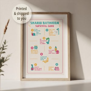 以下が含まれることがあります： 「Shared Bathroom Survival Guide」と題された、カラフルなイラストとテキストが描かれた額入りのプリント。ガイドには、トイレットペーパーのロールを交換したり、排水溝から髪の毛を取り除いたりするルールが含まれています。プリントは木製のフレームに入っています。