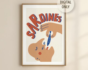 Sardines Retro Kitchen Print: Funny Seafood Illustration (Digital Print)