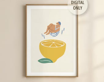 Retro Lemon Pool Diver Print: Summer Kitchen Art (Digital Print)