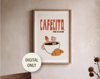 Può includere: Una stampa artistica incorniciata con il testo "CAFECITO, POR FAVOR" in rosso e nero. L'illustrazione mostra una persona che si rilassa in una grande tazza di caffè bianca leggendo un libro, accompagnata da un cornetto dorato. Un badge circolare riporta "DIGITAL ONLY" e il testo "ROTSI. STUDIO" appare in basso.