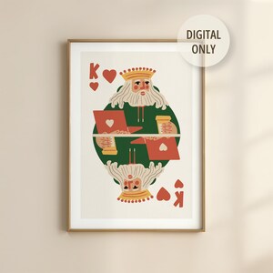 Stampa digitale del Re di Cuori / Decorazione da parete per sala da poker / Divertente gioco di carte / Poster regalo per giocatori