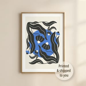 Póster floral abstracto en azul y negro / Decoración moderna inspirada en la naturaleza / Regalo para amantes de las plantas