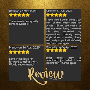 Customer review collage with gold accents showing multiple five-star reviews praising the quality, usability, and value of the digital reels bundle