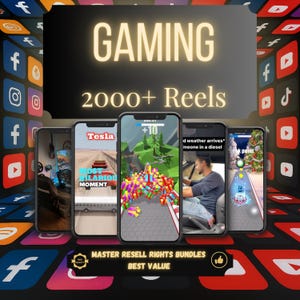 May include: A promotional image with the word "GAMING" in large, glowing text. Five smartphones display various mobile game interfaces. The text "2000+ Reels" is also present. Social media icons surround the phones, and text at the bottom reads "MASTER RESELL RIGHTS BUNDLES BEST VALUE."