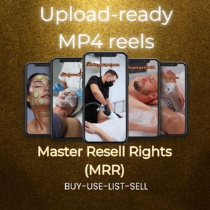 Five smartphone mockups on a gold background with text stating upload-ready MP4 reels, Master Resell Rights, and easy process to buy, use, list, and sell Beauty Treatment Reels Bundle 60 Faceless Videos Edit in Canva | CapCut-Ready DFY Digital Products with PLR & Master Resell Rights