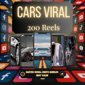 May include: An advertisement featuring five smartphones displaying images of cars. The text "CARS VIRAL" and "200 Reels" are prominently displayed. Social media icons surround the phones, with text at the bottom reading "MASTER RESELL RIGHTS BUNDLES BEST VALUE".