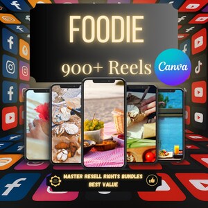 900+ Foodie Reels: TikTok, Instagram, YouTube (Canva, Resell Rights)