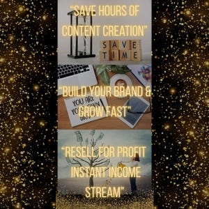 Collage with gold glitter background highlighting benefits: save hours of content creation, build your brand and grow fast, and resell for profit for an instant income stream Beauty Treatment Reels Bundle 60 Faceless Videos Edit in Canva | CapCut-Ready DFY Digital Products with PLR & Master Resell Rights