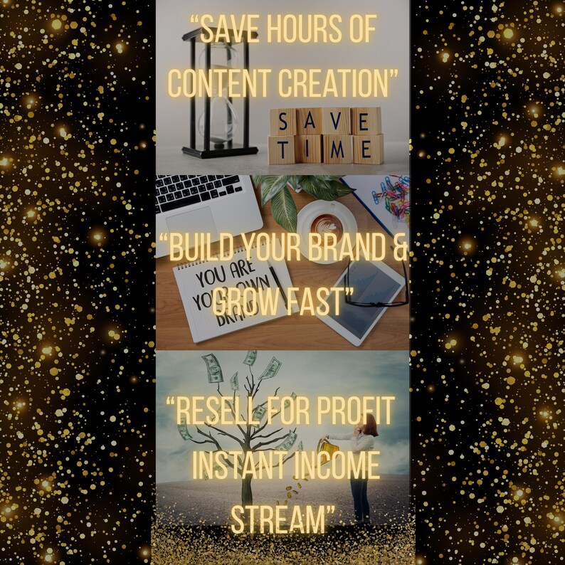 Collage with gold glitter background highlighting benefits: save hours of content creation, build your brand and grow fast, and resell for profit for an instant income stream Beauty Treatment Reels Bundle 60 Faceless Videos Edit in Canva | CapCut-Ready DFY Digital Products with PLR & Master Resell Rights