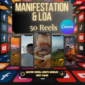 May include: A digital product bundle titled "Manifestation & LOA" with 50 Reels, displayed on smartphones. The Canva logo is visible. The image includes text: "Master Resell Rights Bundles, Best Value."