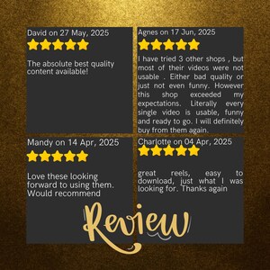 Customer review collage with gold accents showing multiple five-star reviews praising the quality, usability, and value of the digital reels bundle