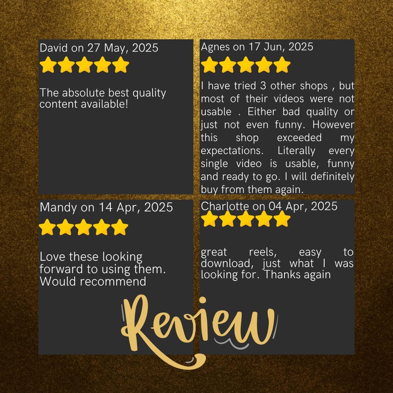 Customer review collage with gold accents showing multiple five-star reviews praising the quality, usability, and value of the digital reels bundle