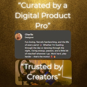 Slide showing a creator testimonial and image of a smiling content creator with text: curated by a digital product pro and trusted by creators