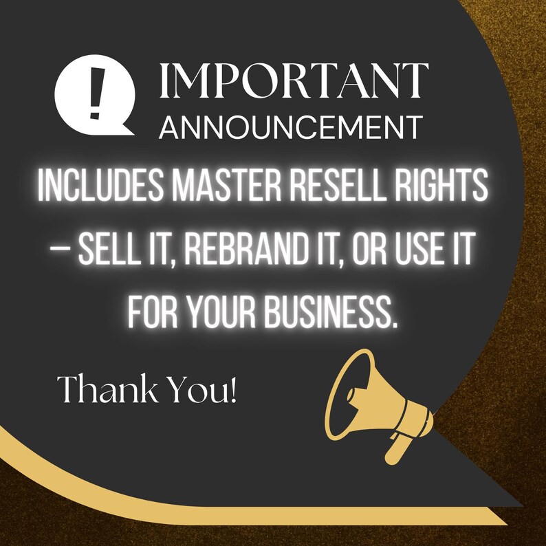 Announcement slide with bold text explaining that the product includes Master Resell Rights, allowing buyers to sell, rebrand, or use for their own business