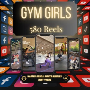 Könnte beinhalten: Werbung mit fünf Smartphones, die Trainingsvideos zeigen. Der Text "GYM GIRLS" und "580 Reels" sind prominent dargestellt. Social-Media-Symbole und der Text "MASTER RESELL RIGHTS BUNDLES BEST VALUE" sind ebenfalls sichtbar.