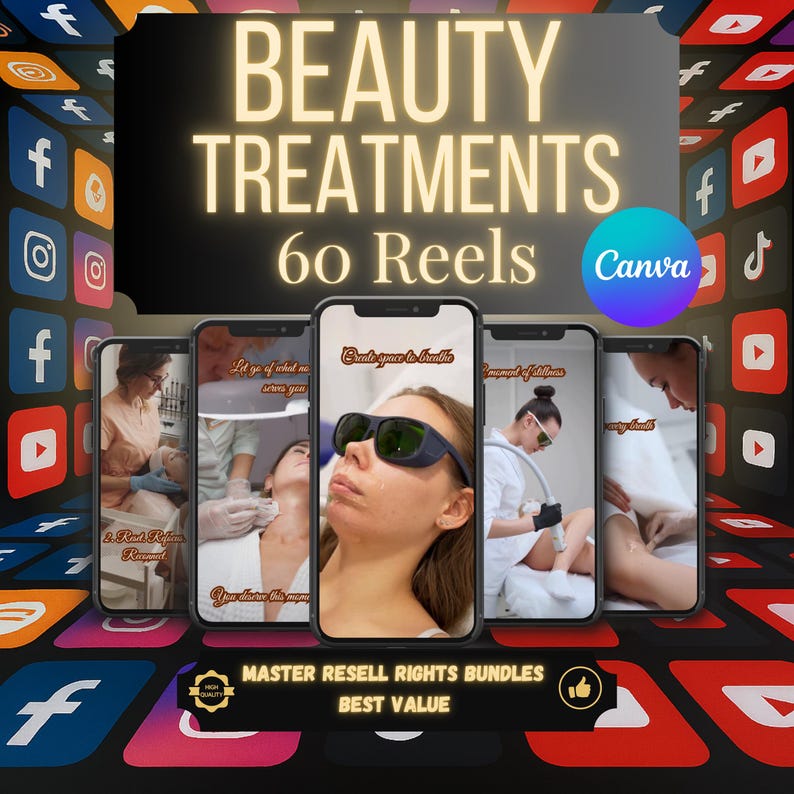 Digital product bundle hero image showing placeholder reels on smartphone mockups with bold title, product quantity, and Master Resell Rights badge on a black and gold background. Beauty Treatment Reels Bundle 60 Faceless Videos Edit in Canva | CapCut-Ready DFY Digital Products with PLR & Master Resell Rights
