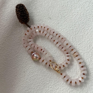 Pink Gemstone Beaded Necklace with Baroque Pearl, 18K Gold Plated Sterling Silver, Natural Gem Statement Choker for Women, Gift For Her