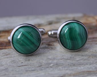 12mm Green Malachite Cuff Links, Green Gemstone Cuff Links, Groomsman Gift, Suit Accessory, Men's Formal Wear, Gift For Him, Fathers Day