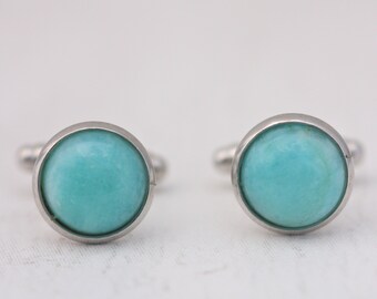 12mm Amazonite Cuff Links, Aqua Blue Gemstone, Men's Formal Wear, Suit Accessory, Gift For Him, Fathers Day, Minimalist Cufflinks