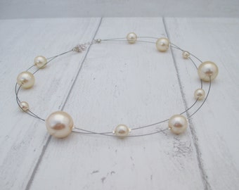 Cream Illusion Necklace, Multi Strand Floating Necklace, Dark Cream Glass Pearl Bridal Necklace