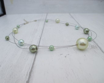 Green Glass Pearl Illusion Necklace, Multi-Strand Floating Necklace, Botanical Colours Necklace