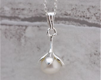 Freshwater Pearl Sterling Silver Flower Drop Pendant, Snowdrop Pendant, Flower Necklace, Bridesmaid Gift, Gift For Her, Letterbox Gift