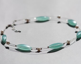 Amazonite and freshwater pearl illusion necklace, Aqua and Ivory Necklace