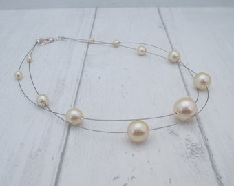 Cream Illusion Necklace, Multi Strand Floating Necklace, Dark Cream Glass Pearl Bridal Necklace