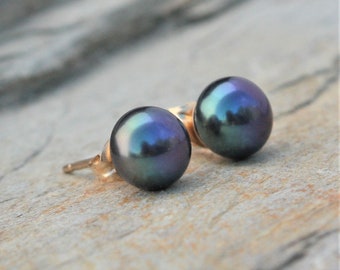 6.5mm Black Freshwater Pearl Gold Filled Studs, June Birthstone, 30th Anniversary, Minimalist Studs, Dainty Jewellery, Gift For Her,