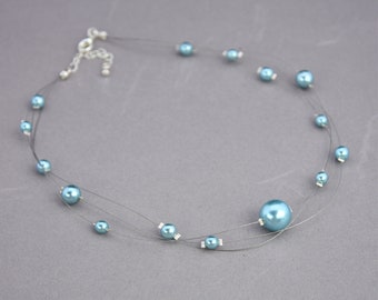 Blue Pearl Illusion Necklace, Delicate Multi Strand Necklace, Blue Floating Necklace