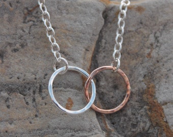 Mother Child Necklace, Dainty Double Ring Necklace, Sterling Silver Rose Gold Filled, Gift For Her, Mixed Metal, Gift For Mum, Mothers Day