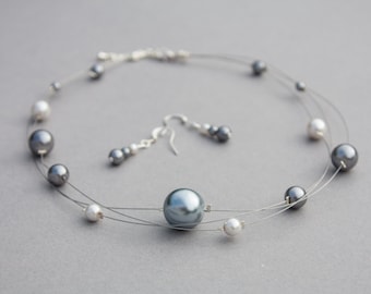 Floating multi strand illusion necklace and earrings set, grey glass pearls. Bridesmaids jewellery set.