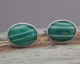 18x13mm Green Striped Agate Cuff Links, Mens Formal Wear, Suit Accessory, Fathers Day Gift, Gift For Him, Gift For Dad, Green Gemstone