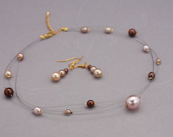 Illusion Necklace and Earrings Set, Coffee and Pink Glass Pearls, Bridesmaids Jewellery, Floating Jewellery, Gift For Friend