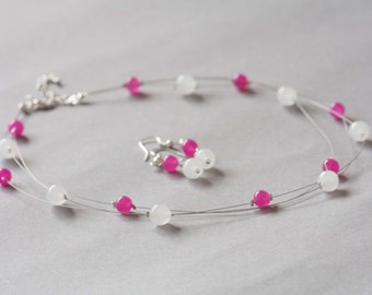 Fuchsia and white jade illusion necklace and earrings set.