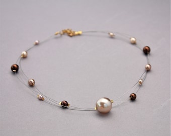 Coffee Pearl Illusion Necklace, Multi-Strand Floating Necklace, Gift For Her, Glass Pearl, Delicate Necklace, Dainty Necklace