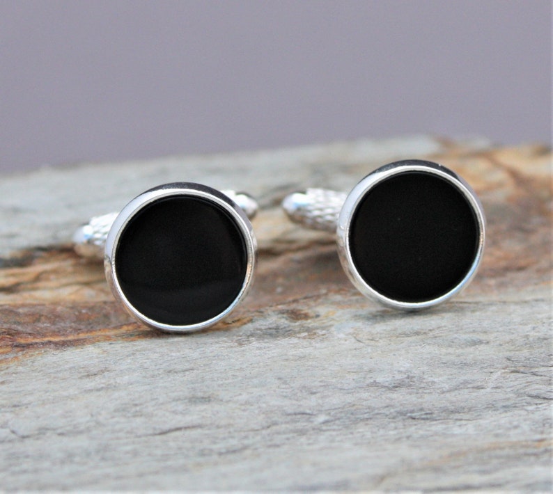 12mm Black Onyx Cuff Links, Black Gemstone, Minimalist Cufflinks, Suit Accessory, Gift For Him, Wedding Cuff Links, Groomsman Gift image 1