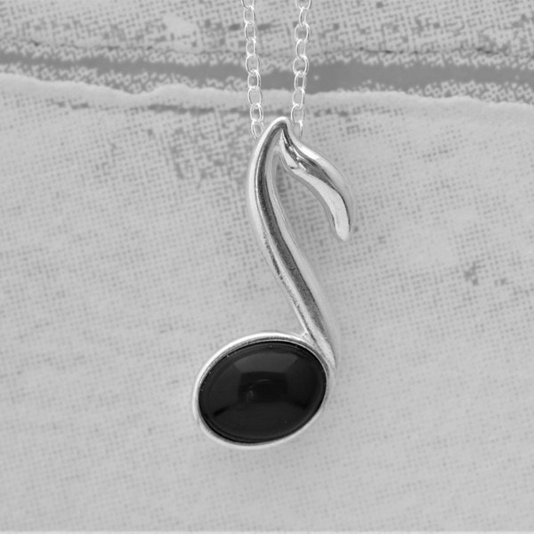 Quaver Musical Note Pendant, Black Onyx Sterling Silver Pendant, Music Lovers Gift, Dainty Pendant, Gift For Her