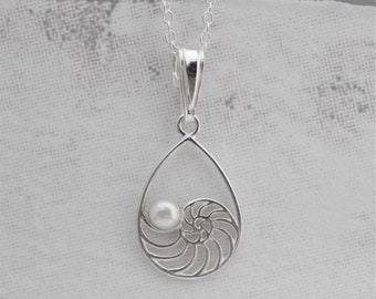 Sterling Silver Freshwater Pearl Ammonite Pendant, Sea Shell Pendant, June Birthstone Pendant, Ocean Lovers Gift