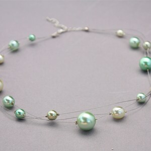 Green Pearl Illusion Necklace, Glass Pearl, Multi-Strand Floating Necklace, Delicate Necklace