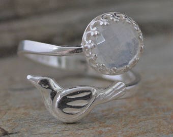 Moonstone Sterling Silver Wrap Ring, Magpie Ring, Bird Ring, Gemstone Ring, Adjustable Ring, Dainty Ring, Gift For Her, Made In The UK