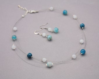 Illusion Necklace And Earrings Set, Blue And White Gemstone Jewellery, Floating Multi-Strand Necklace And Earrings Set