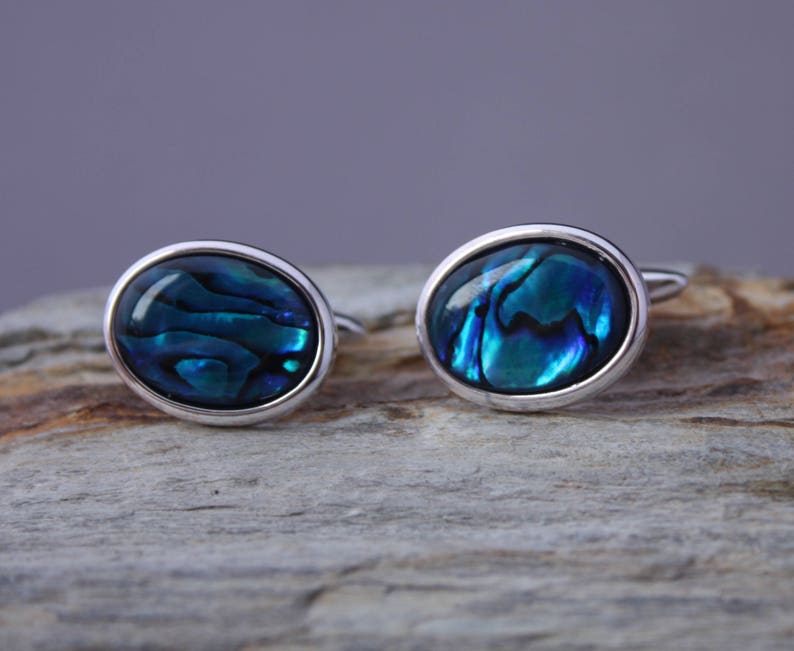 18x13mm Blue Abalone Cuff Links, Blue Suit Accessory, Wedding Cufflinks, Men's Formal Wear, Gift For Him, Groomsman Gift, Fathers Day Bild 1