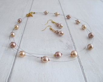 Coffee Glass Pearl Illusion Necklace and Earrings Set