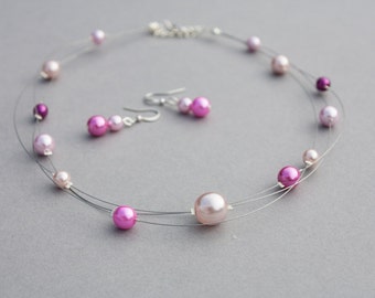 Multi strand illusion necklace and earrings set in pink glass pearls. Bridesmaids jewellery set.