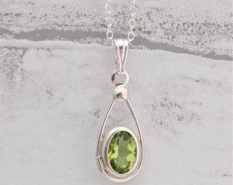 Peridot Sterling Silver Teardrop Pendant, August Birthstone Necklace, Green Gemstone, Dainty Pendant, Minimalist Jewellery, Gift For Her UK